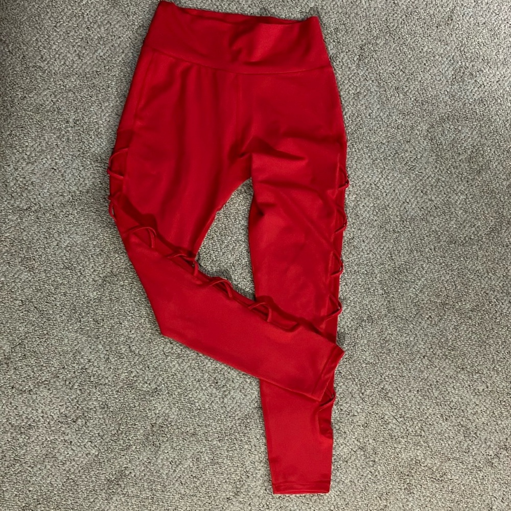 BUFFBUNNY XL, Red Leggings with mesh Criss Cross accent along side of legs